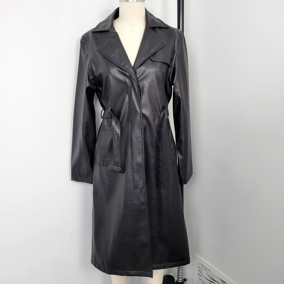 Vintage Y2K Urban Behavior Black Faux Leather Trench Coat Matrix Vibes - Picture 14 of 14